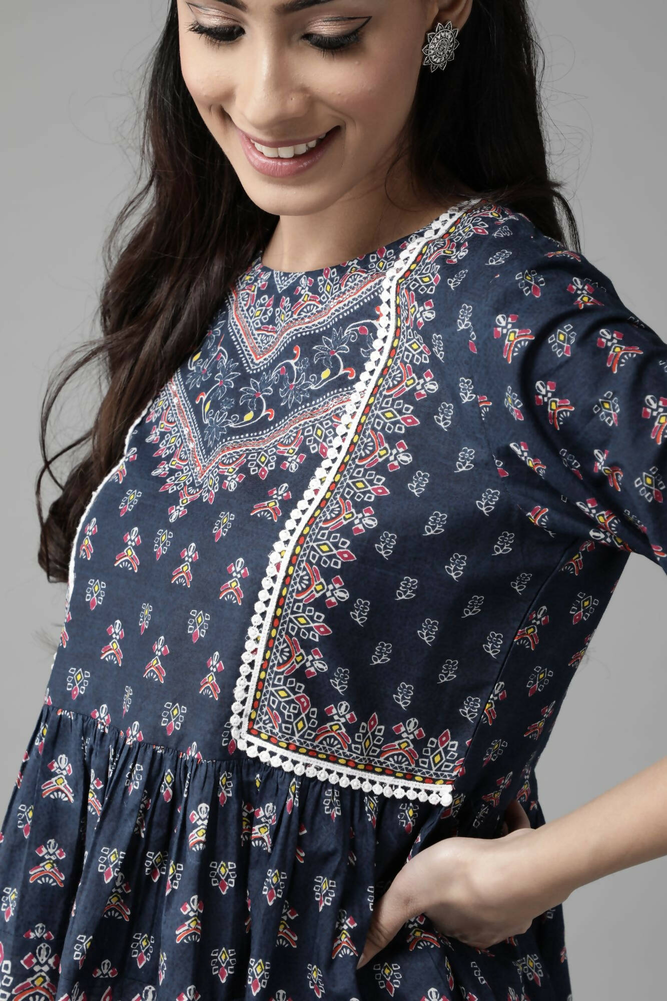 Juniper Women Indigo Cambric Printed A-Line Tunic