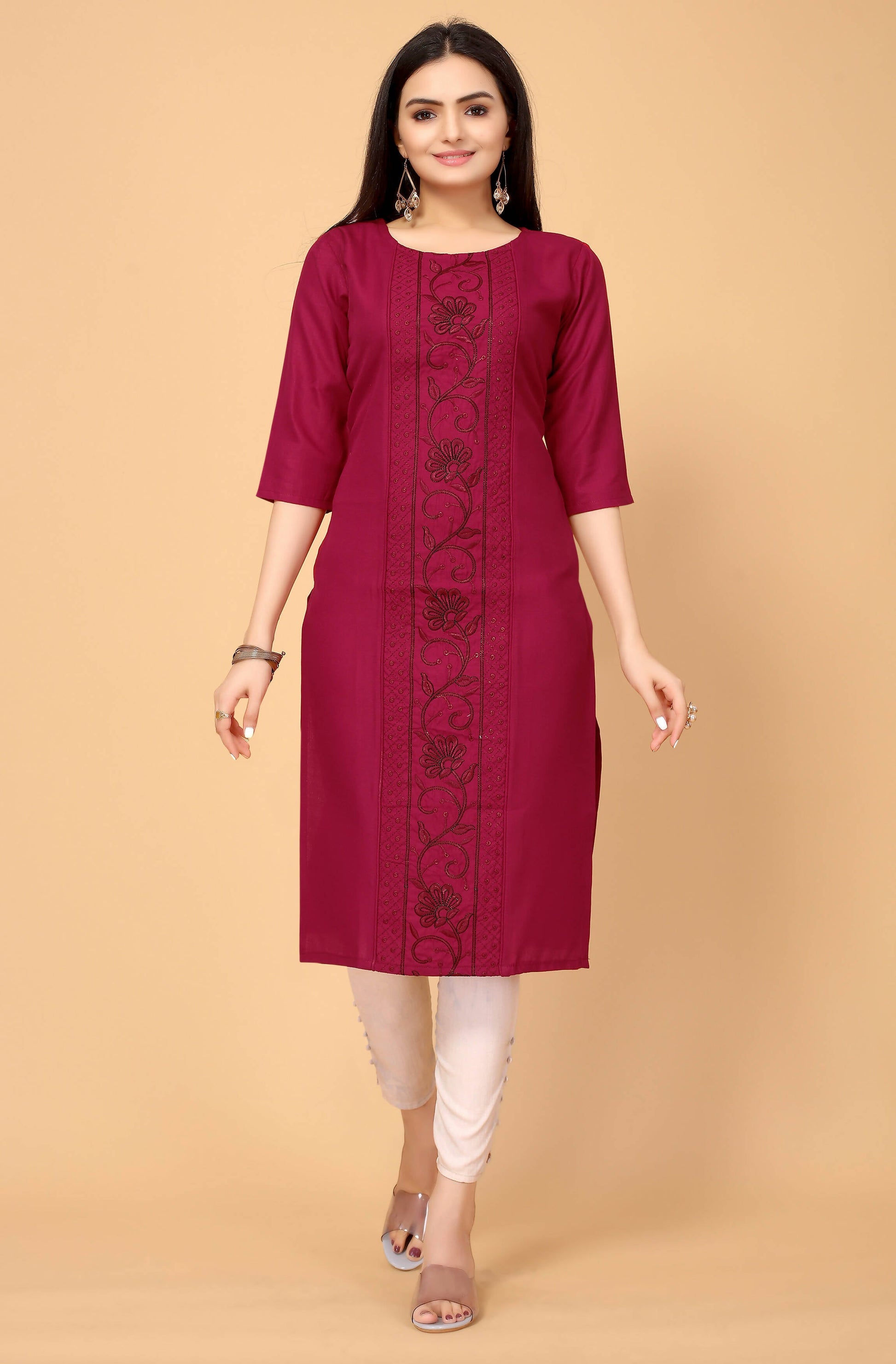 Maroon Cottan Slub Embroidery Kurti - Umi