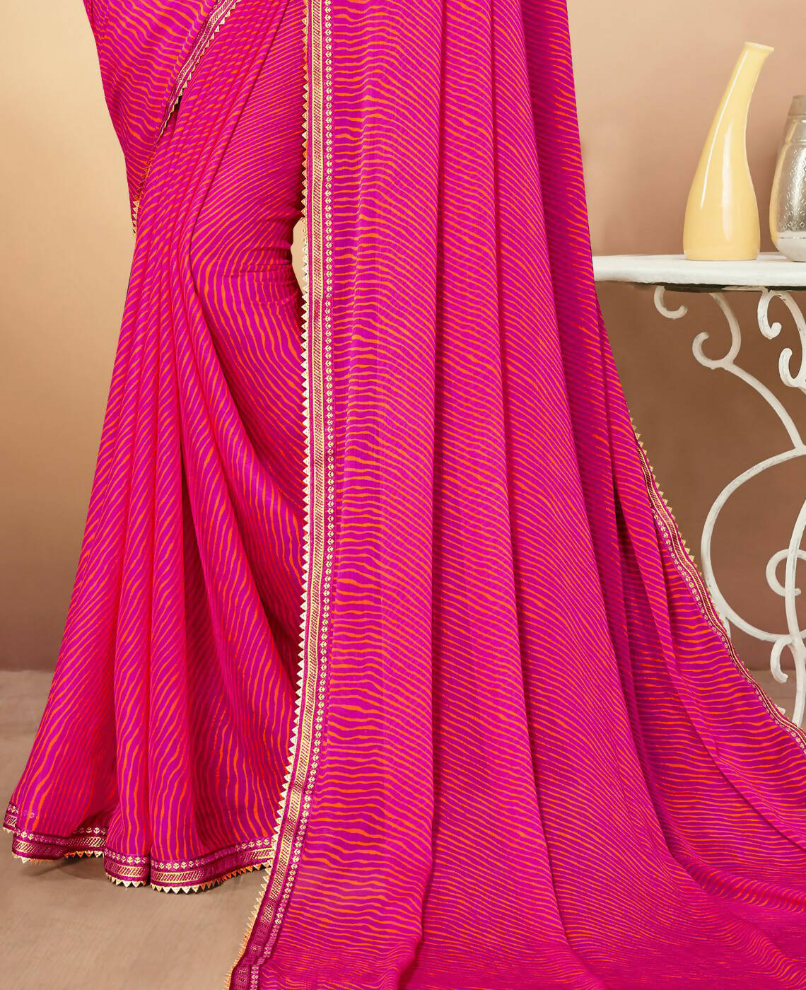 Pink Chiffon Leheriya Printed Saree With Unstitched Blouse Piece - Swarna