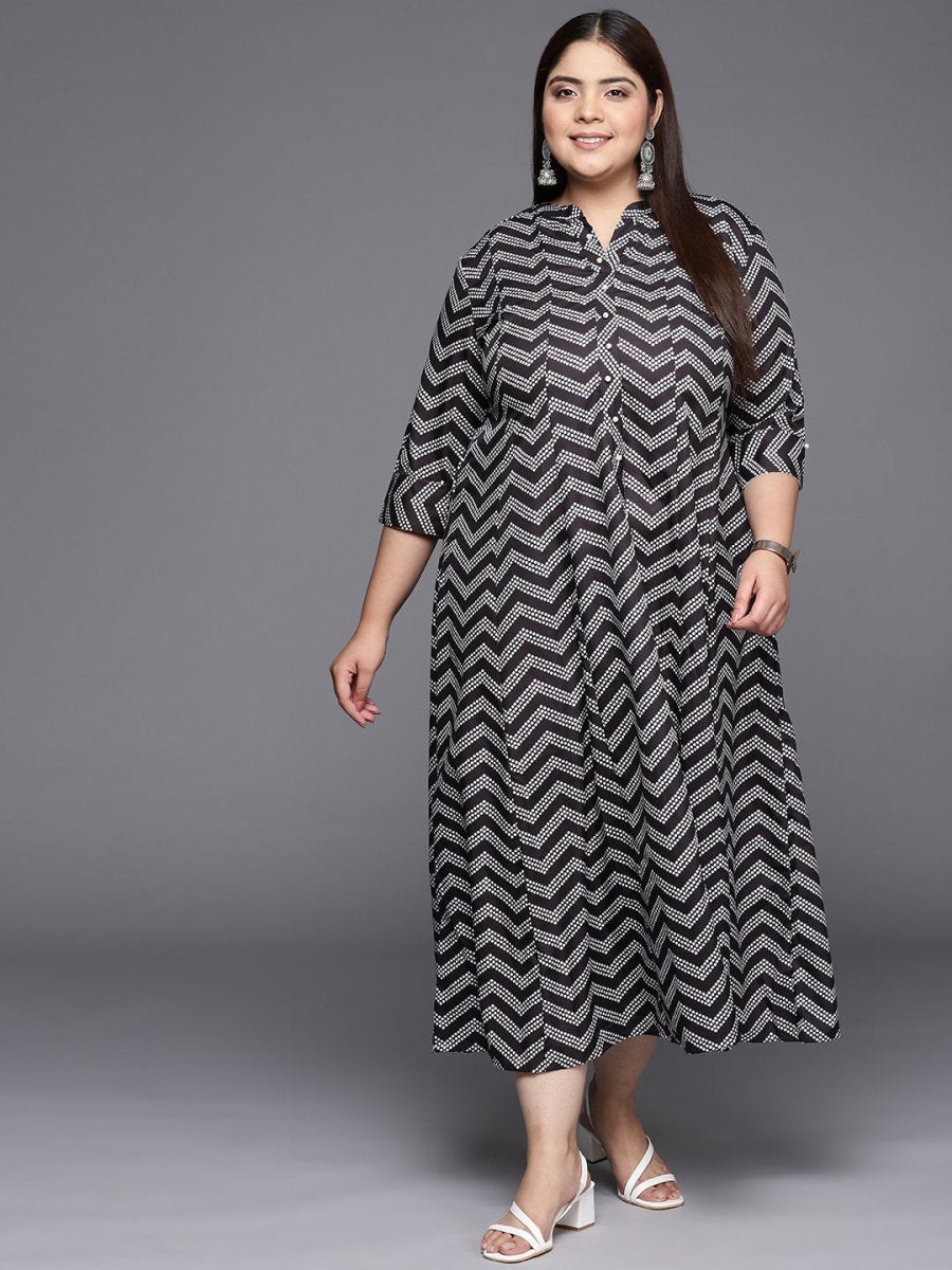 Ahalyaa Plus Size Chevron Print Crepe Mandarin Collar A-line Midi Ethnic Dress  Grab2Buy Ahalyaa Grab2Buy