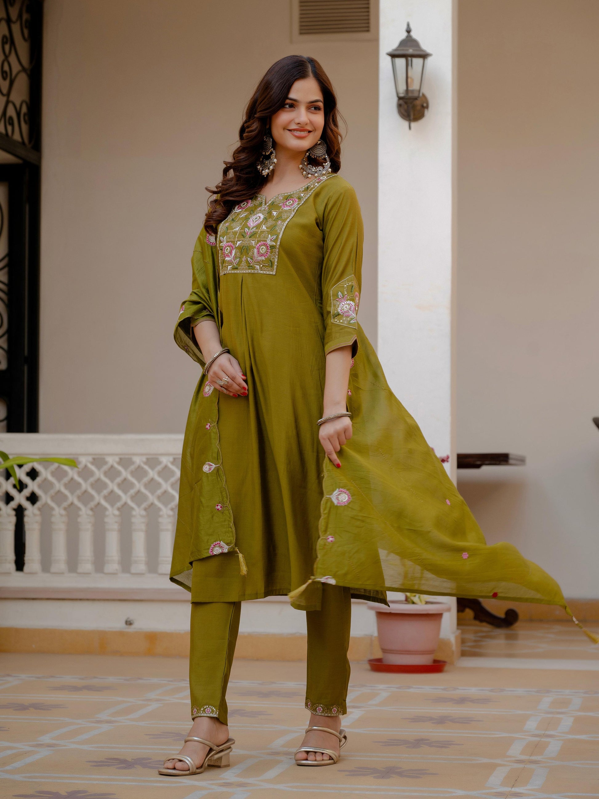 Pramukh Fab Mehendi Green Color Viscose Mango Silk Kurta Set