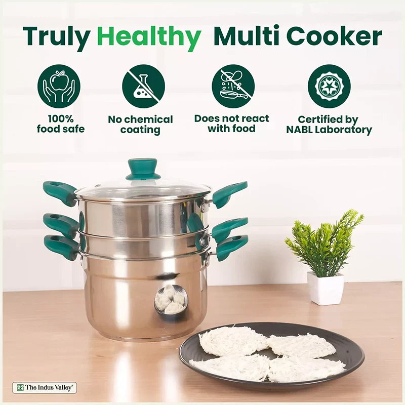 The Indus Valley Tri-steel Multi Cooker Pot Premium Stainless Steel Momo Maker/ Idiyappam/ Biryani/ Veg Steaming Set, 3 Pots, 21cm  Grab2Buy The Indus Valley Grab2Buy