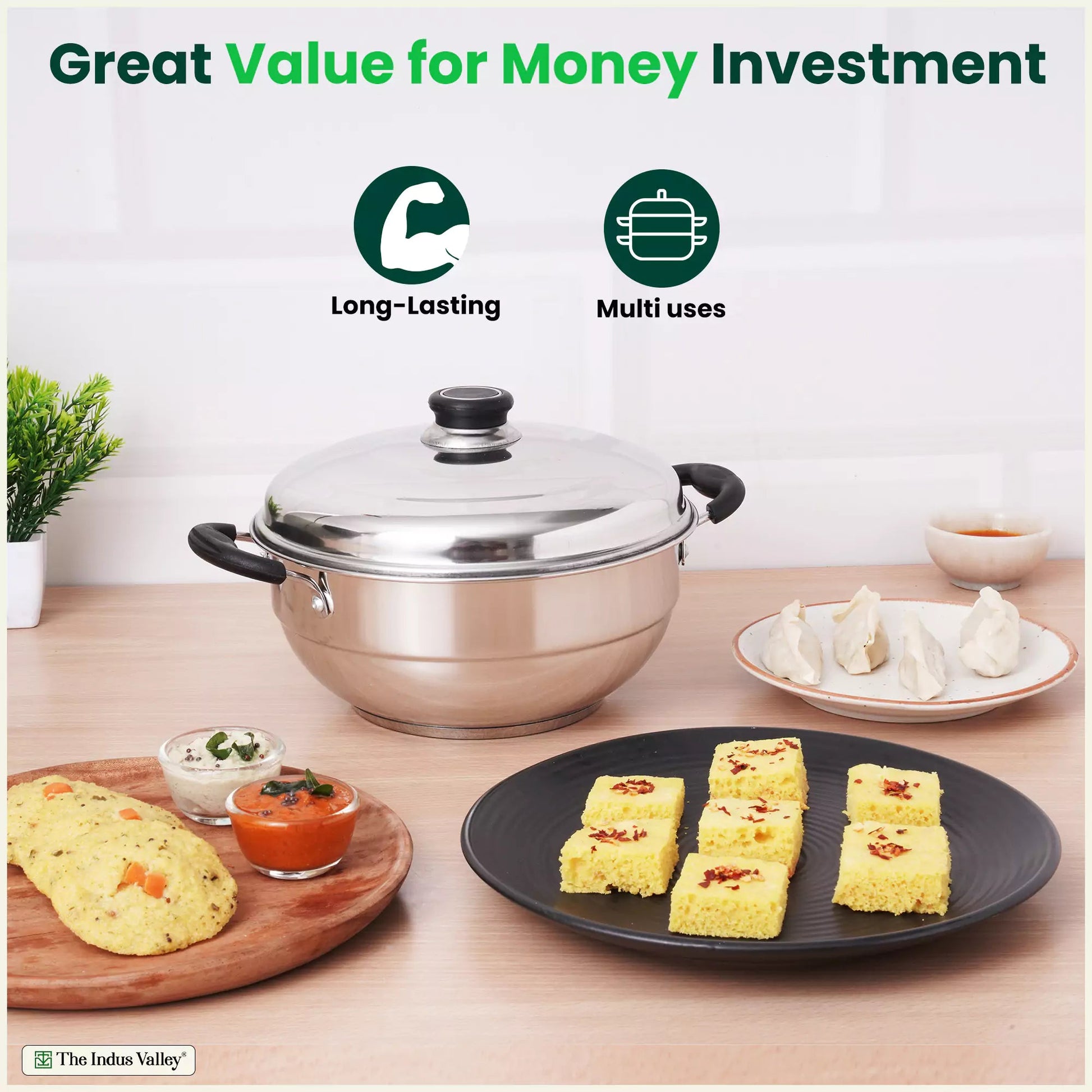 The Indus Valley 8 Pit Tri-Steel Multi Pot Premium Stainless Steel Idli/ Dhokla/ Momo Maker/ Veg Steaming Set, Tri-ply Induction Bottom, 5 Plates, 3L  Grab2Buy The Indus Valley Grab2Buy