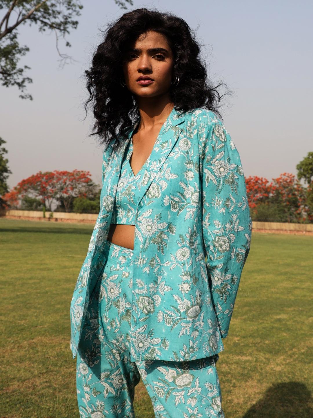 trueBrowns Turquoise Cotton Block Print Pant Suit Set 