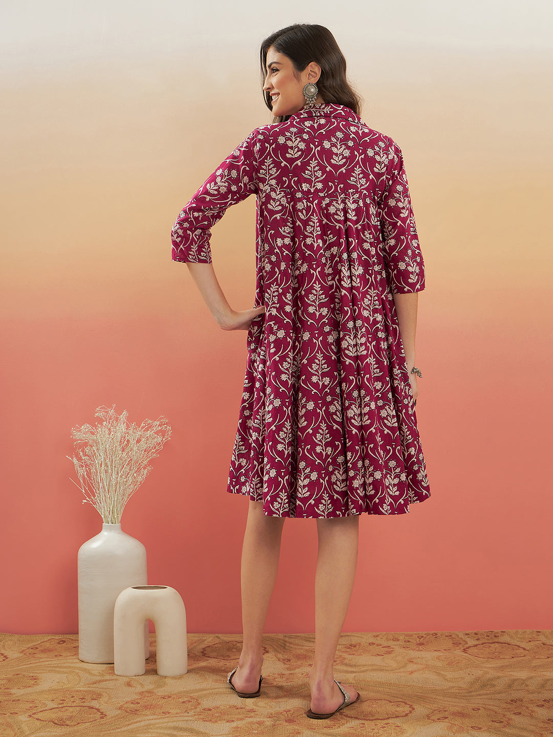 InWeave Women's Wine Cream Floral Print Flared Dress 
