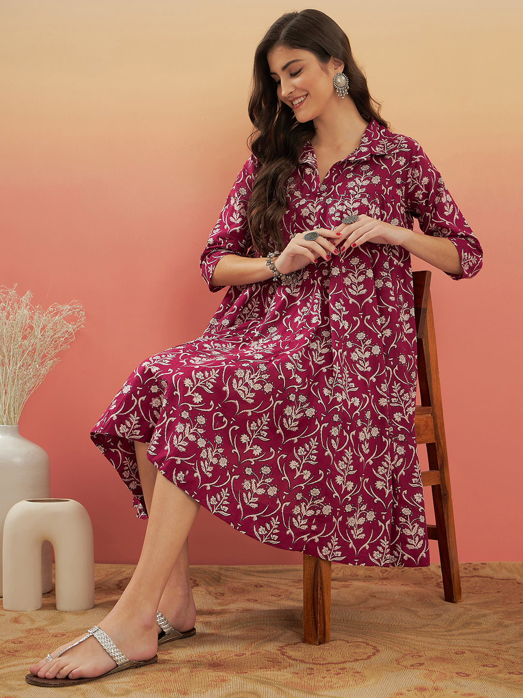 InWeave Women's Wine Cream Floral Print Flared Dress 