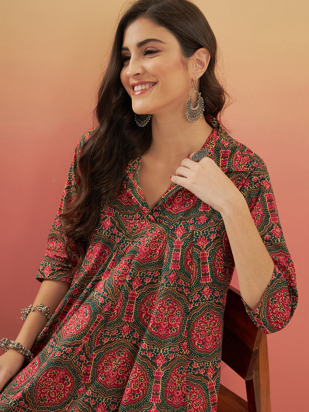 InWeave Women's Green Red Mughal Kalamkari Flared Dress 