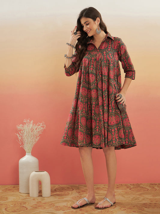 InWeave Women's Green Red Mughal Kalamkari Flared Dress 