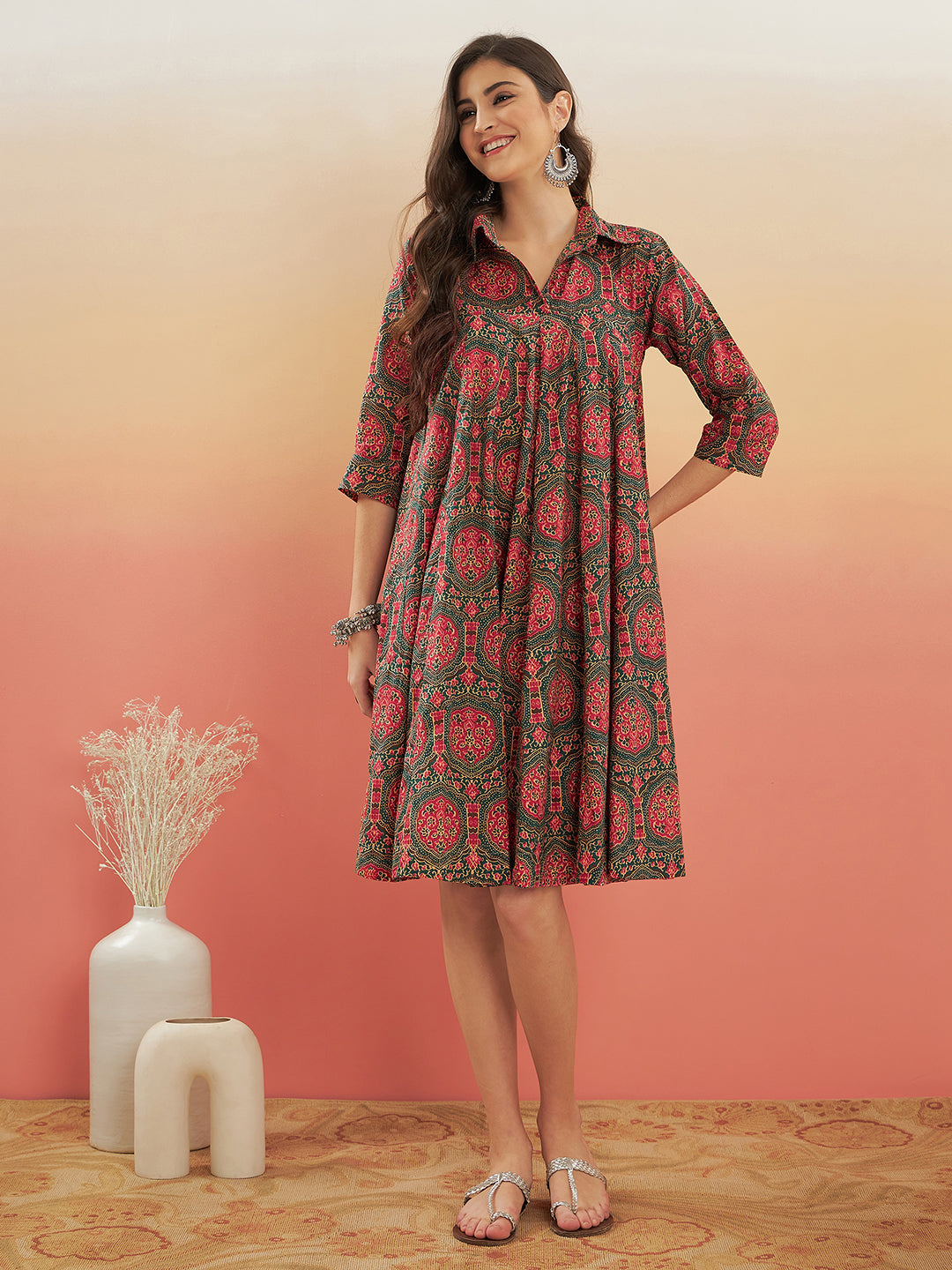InWeave Women's Green Red Mughal Kalamkari Flared Dress 