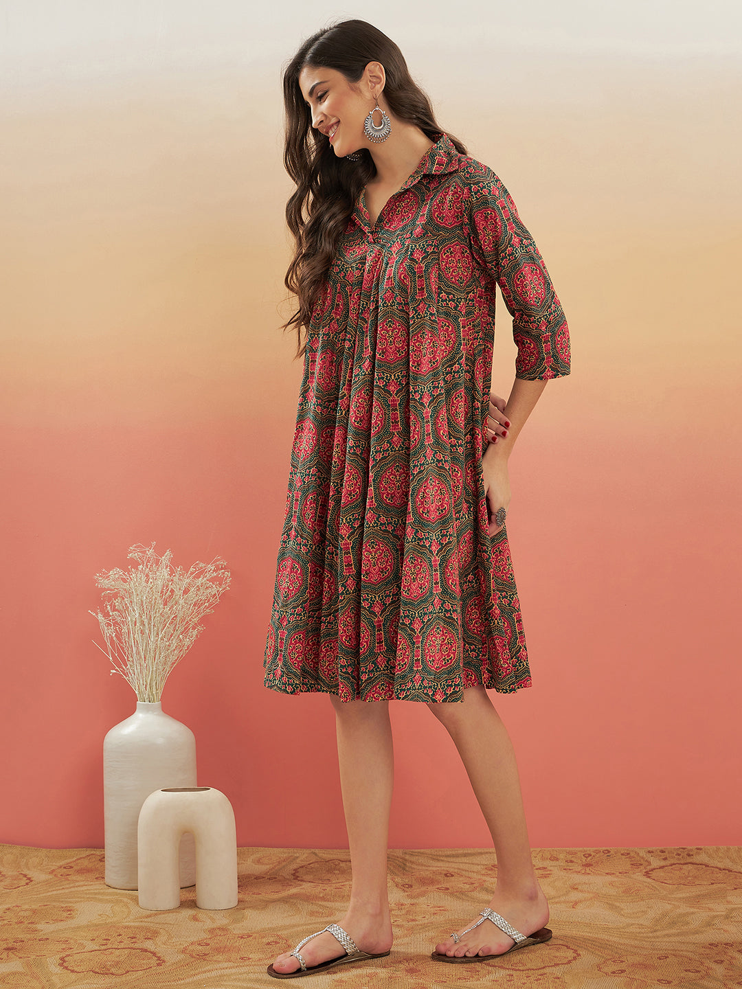 InWeave Women's Green Red Mughal Kalamkari Flared Dress 