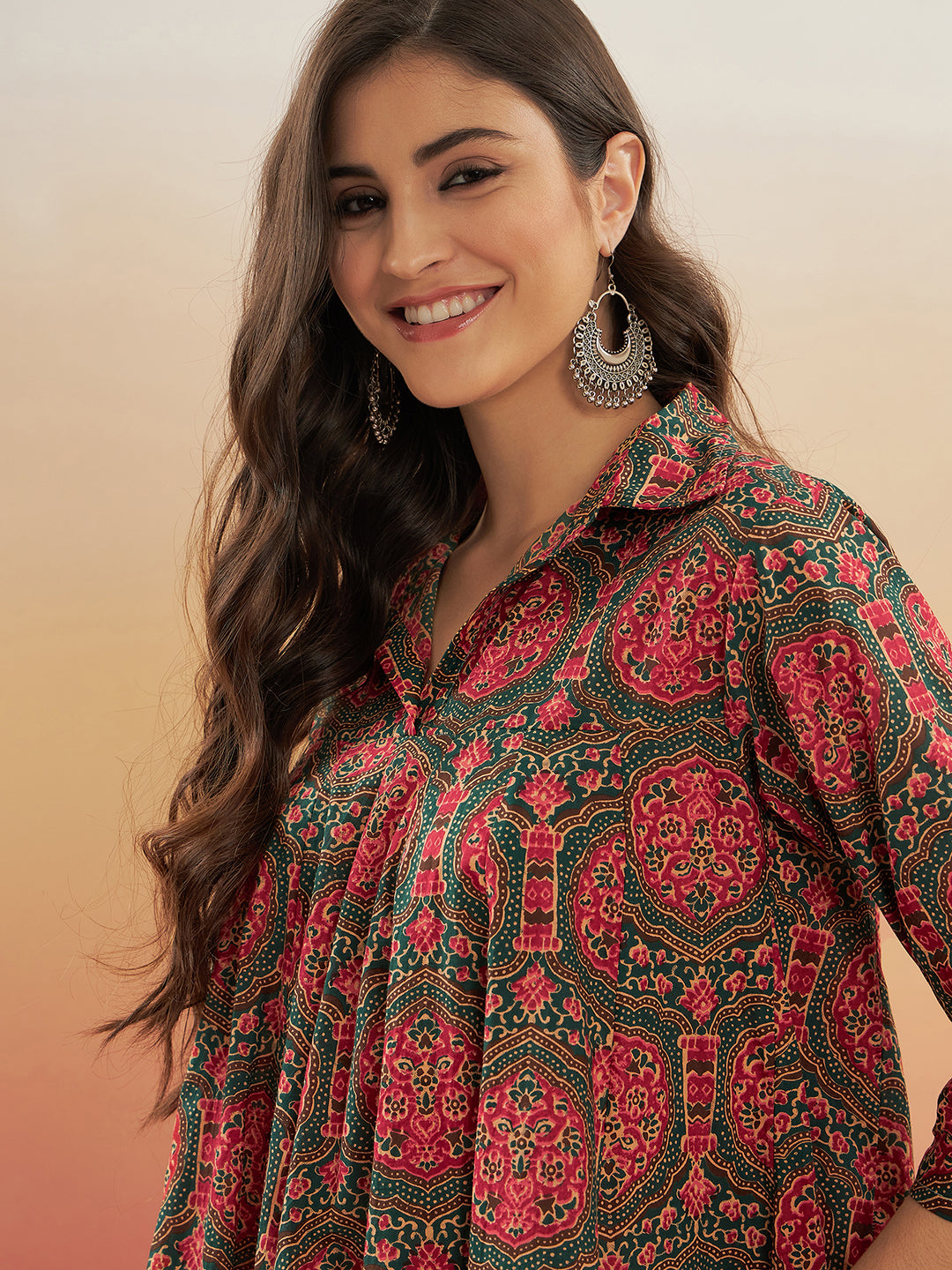 InWeave Women's Green Red Mughal Kalamkari Flared Dress 