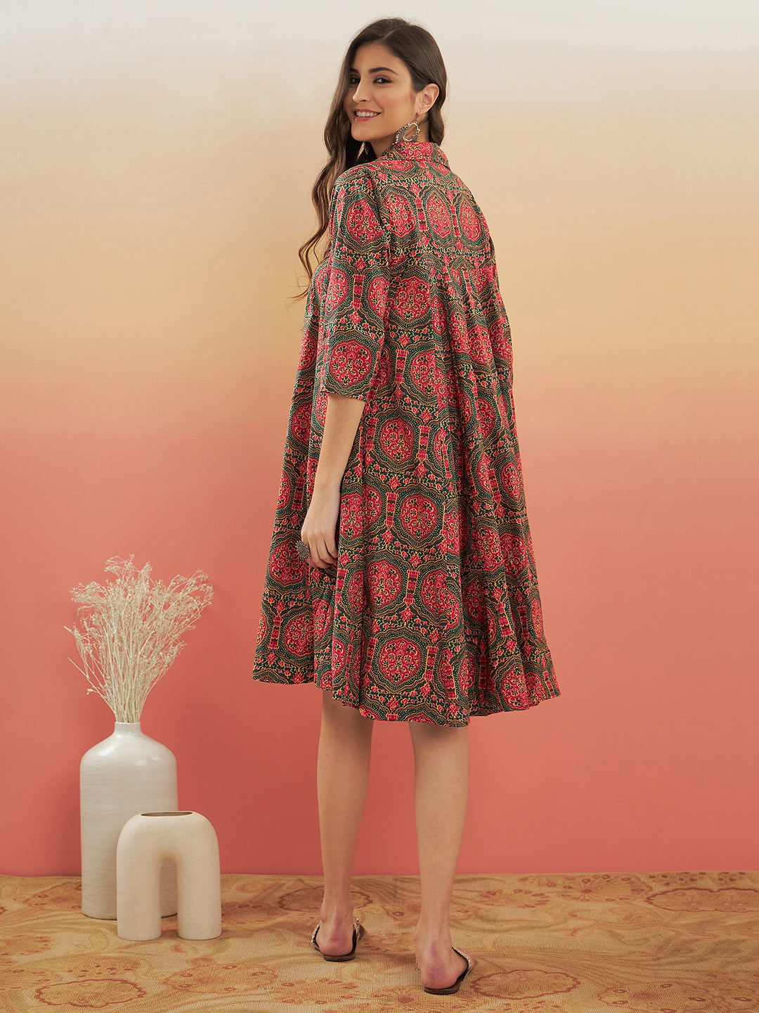 InWeave Women's Green Red Mughal Kalamkari Flared Dress 