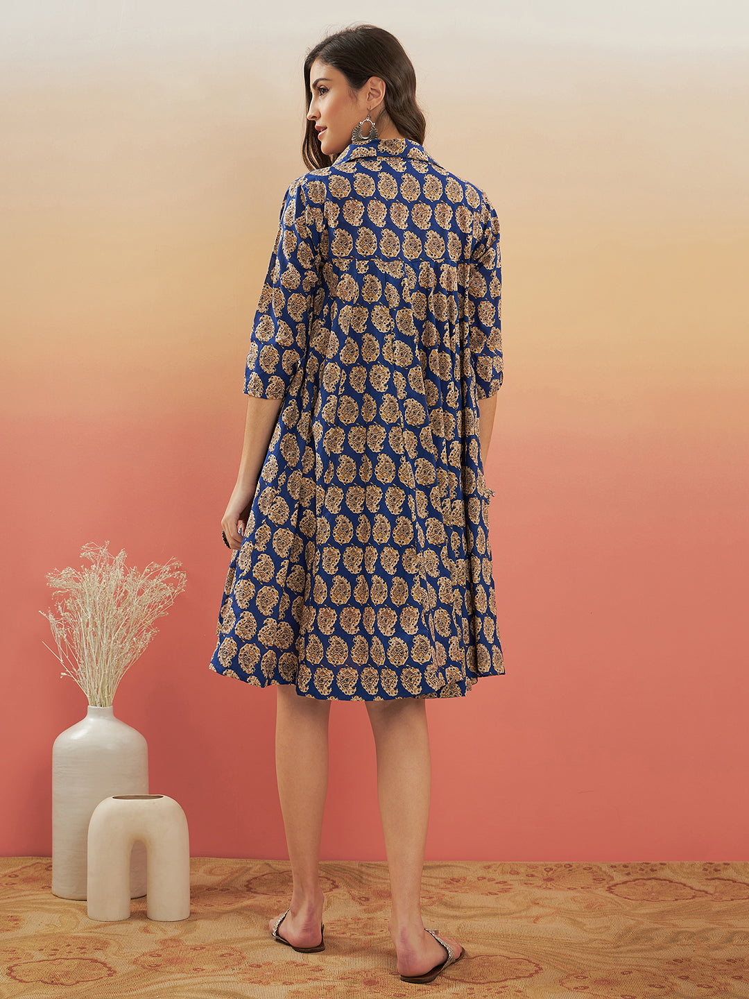 InWeave Women's Ink Blue Small Paisley Kalamkari Flared Dress 
