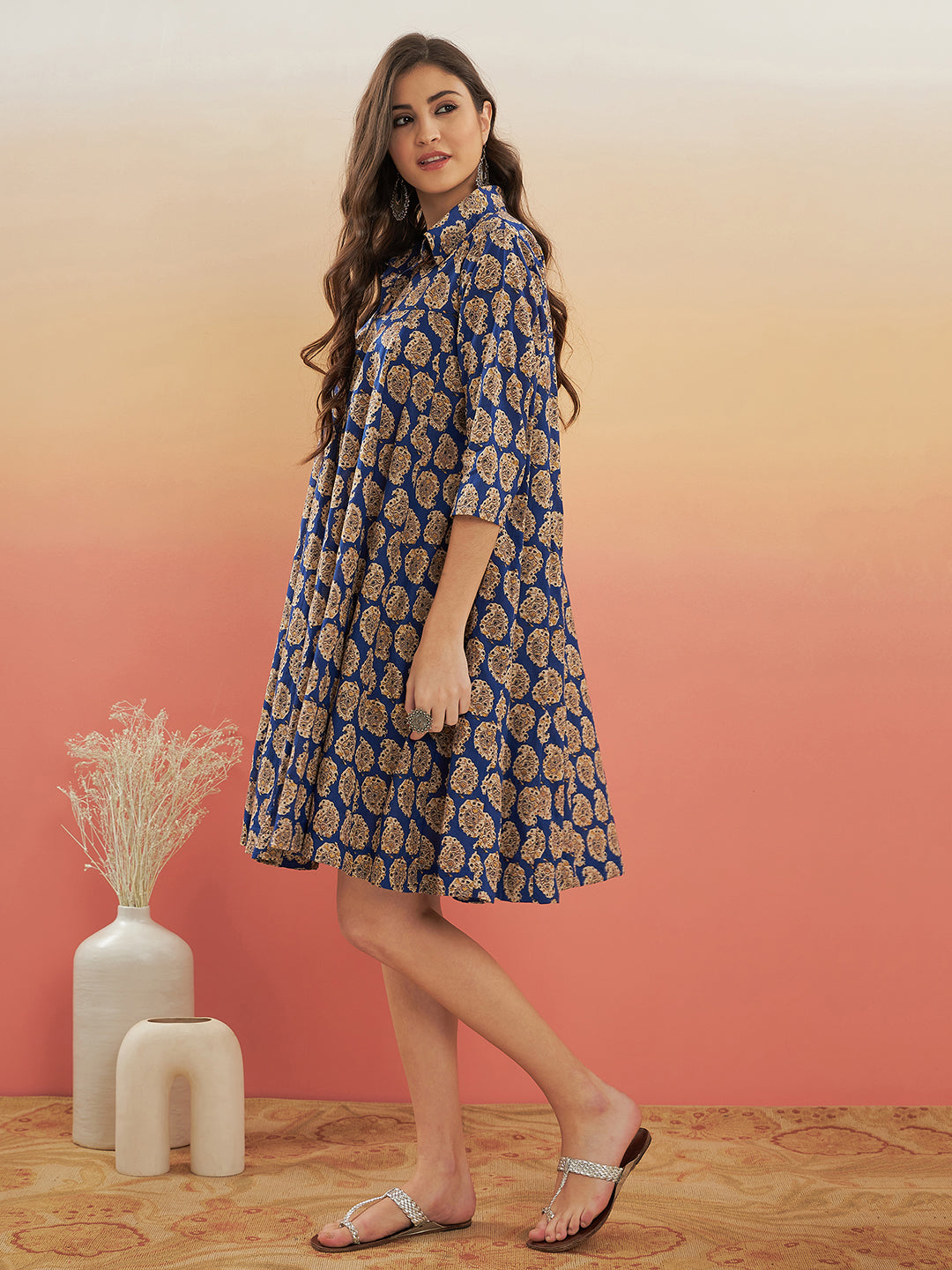 InWeave Women's Ink Blue Small Paisley Kalamkari Flared Dress 