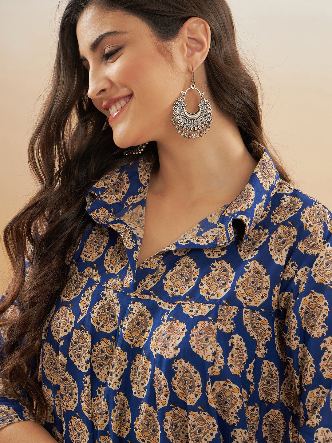 InWeave Women's Ink Blue Small Paisley Kalamkari Flared Dress 