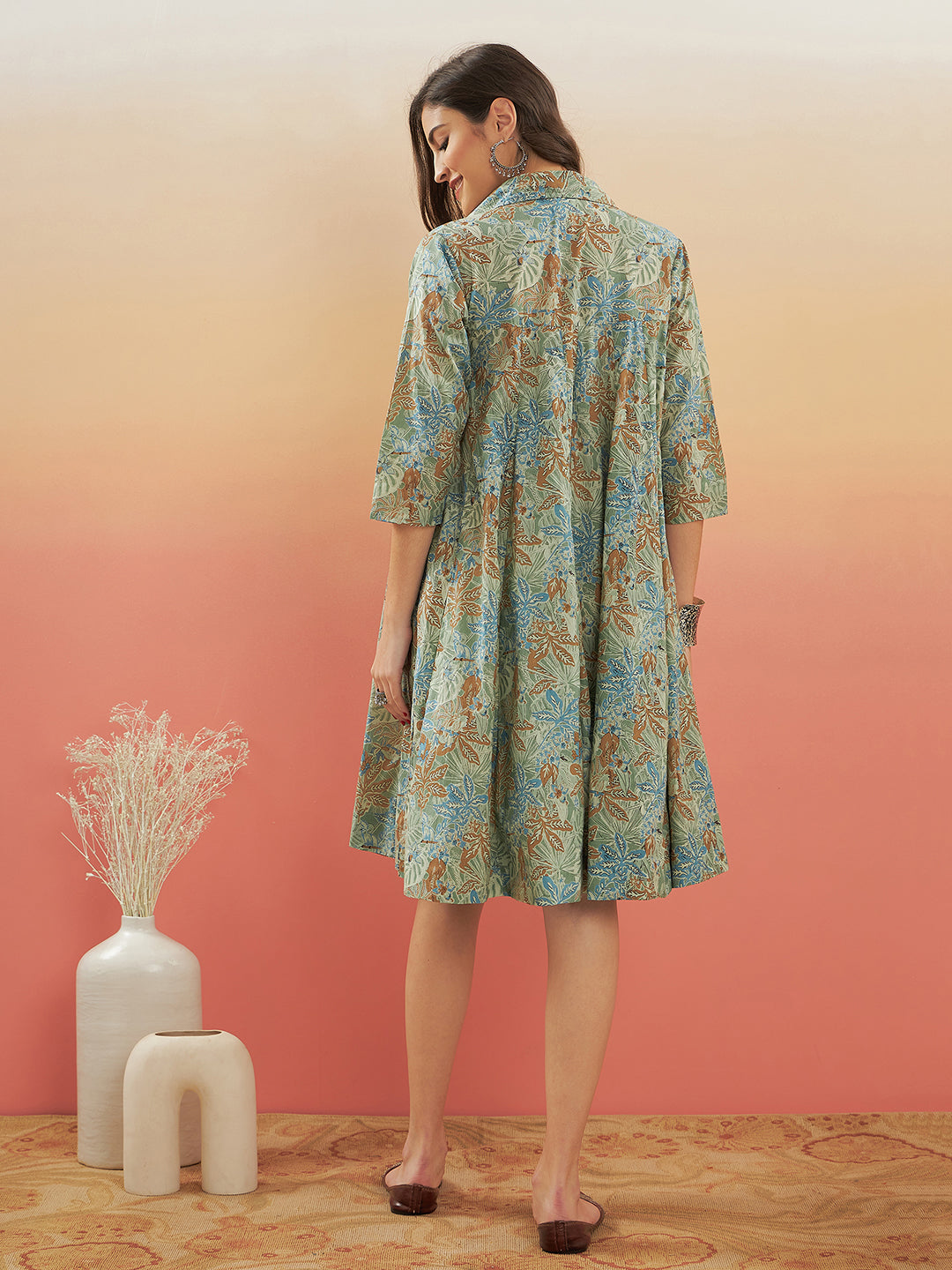 InWeave Women's Dull Green Leaf Floral Print Flared Dress 