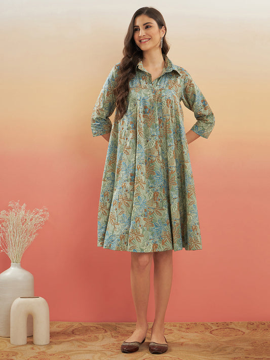 InWeave Women's Dull Green Leaf Floral Print Flared Dress 