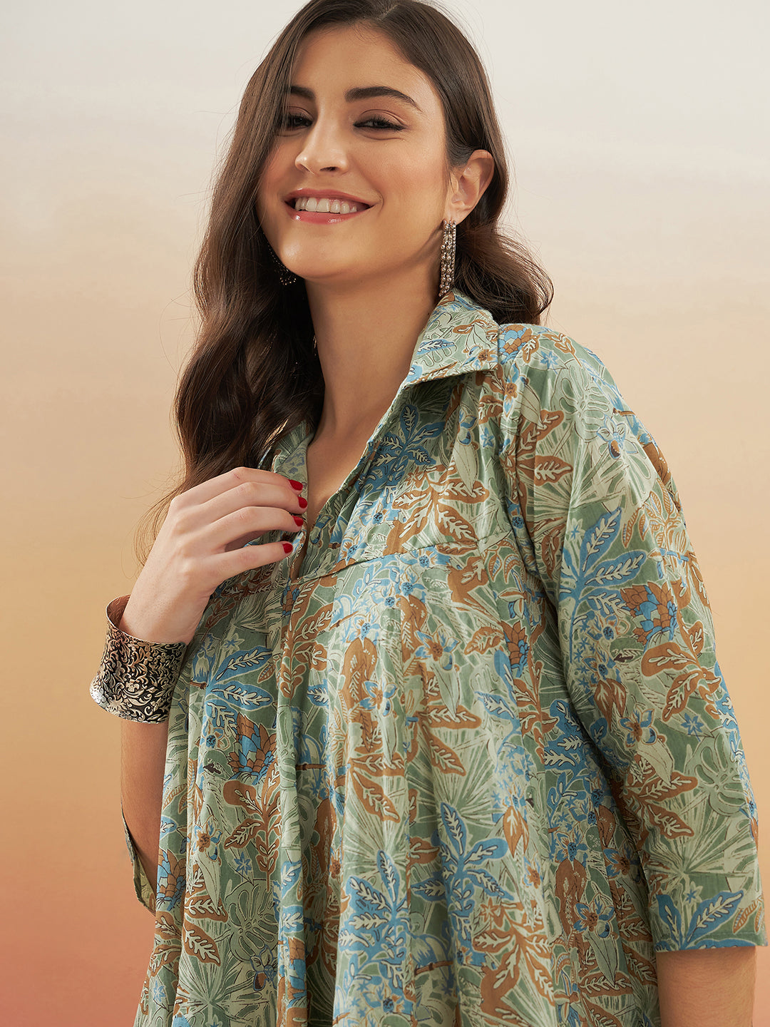InWeave Women's Dull Green Leaf Floral Print Flared Dress 