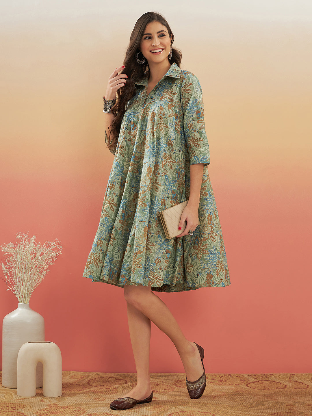 InWeave Women's Dull Green Leaf Floral Print Flared Dress 