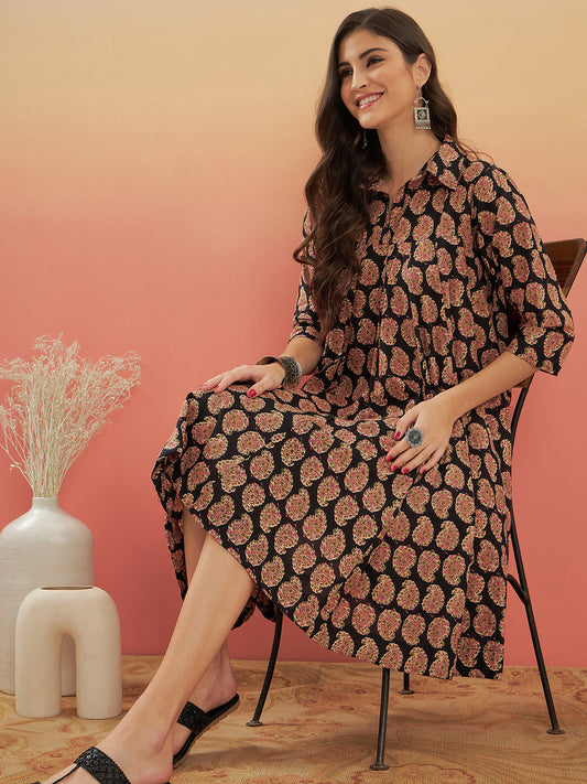 InWeave Women's Black Small Paisley Kalamkari Flared Dress 