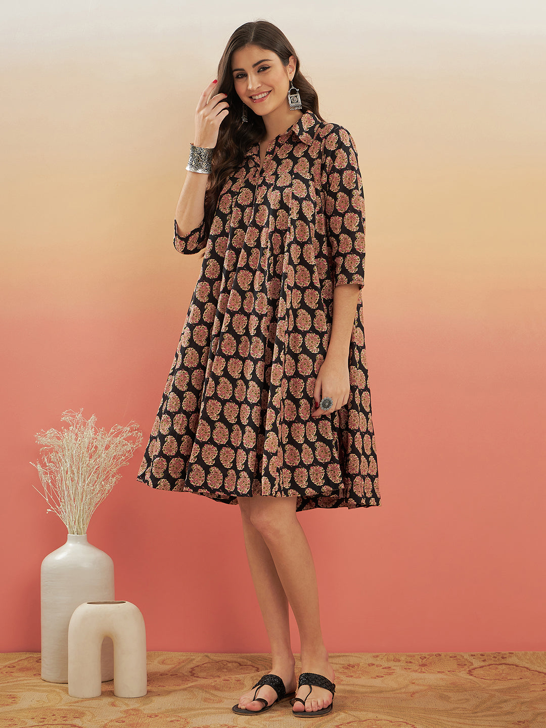 InWeave Women's Black Small Paisley Kalamkari Flared Dress 