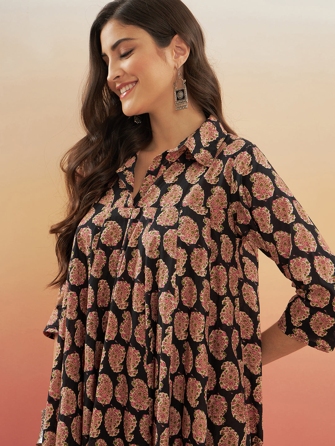 InWeave Women's Black Small Paisley Kalamkari Flared Dress 