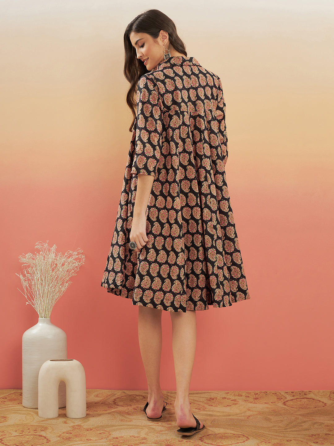 InWeave Women's Black Small Paisley Kalamkari Flared Dress 