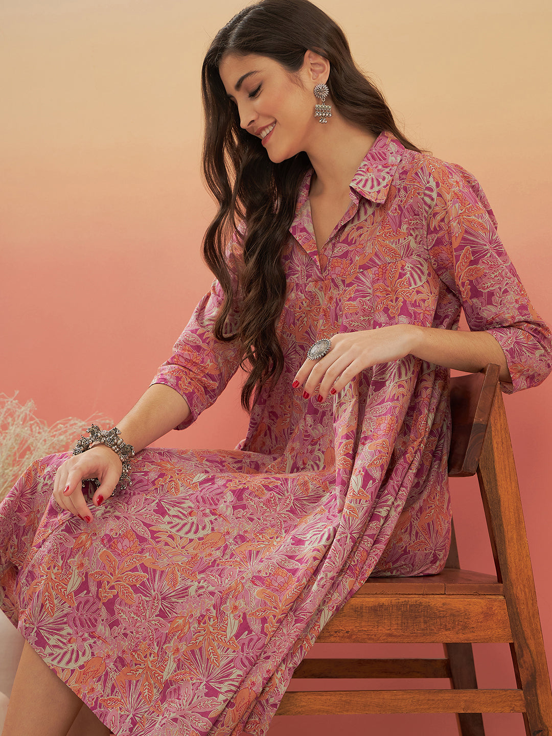 InWeave Women's Pink Coral Floral Print Flared Dress 