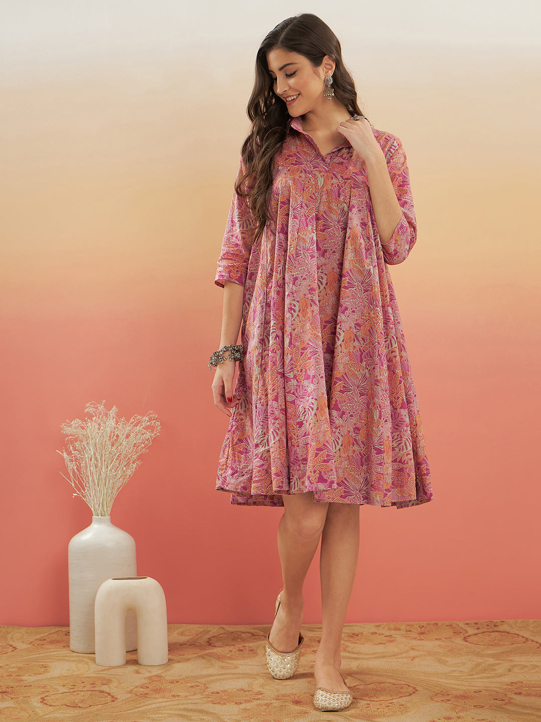 InWeave Women's Pink Coral Floral Print Flared Dress 