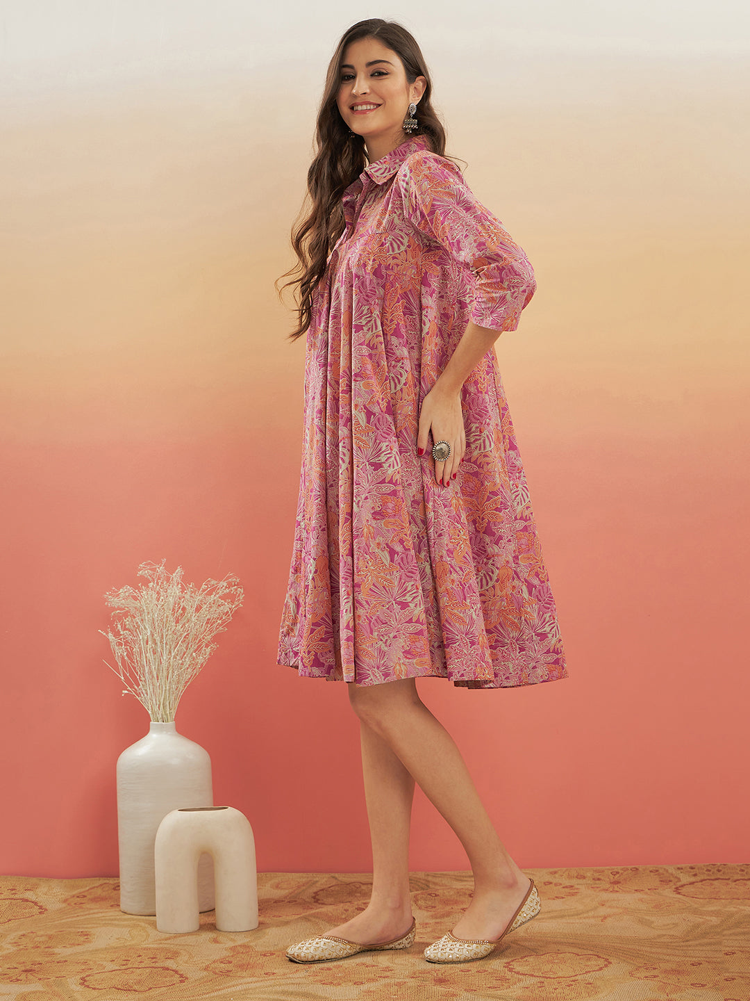 InWeave Women's Pink Coral Floral Print Flared Dress 