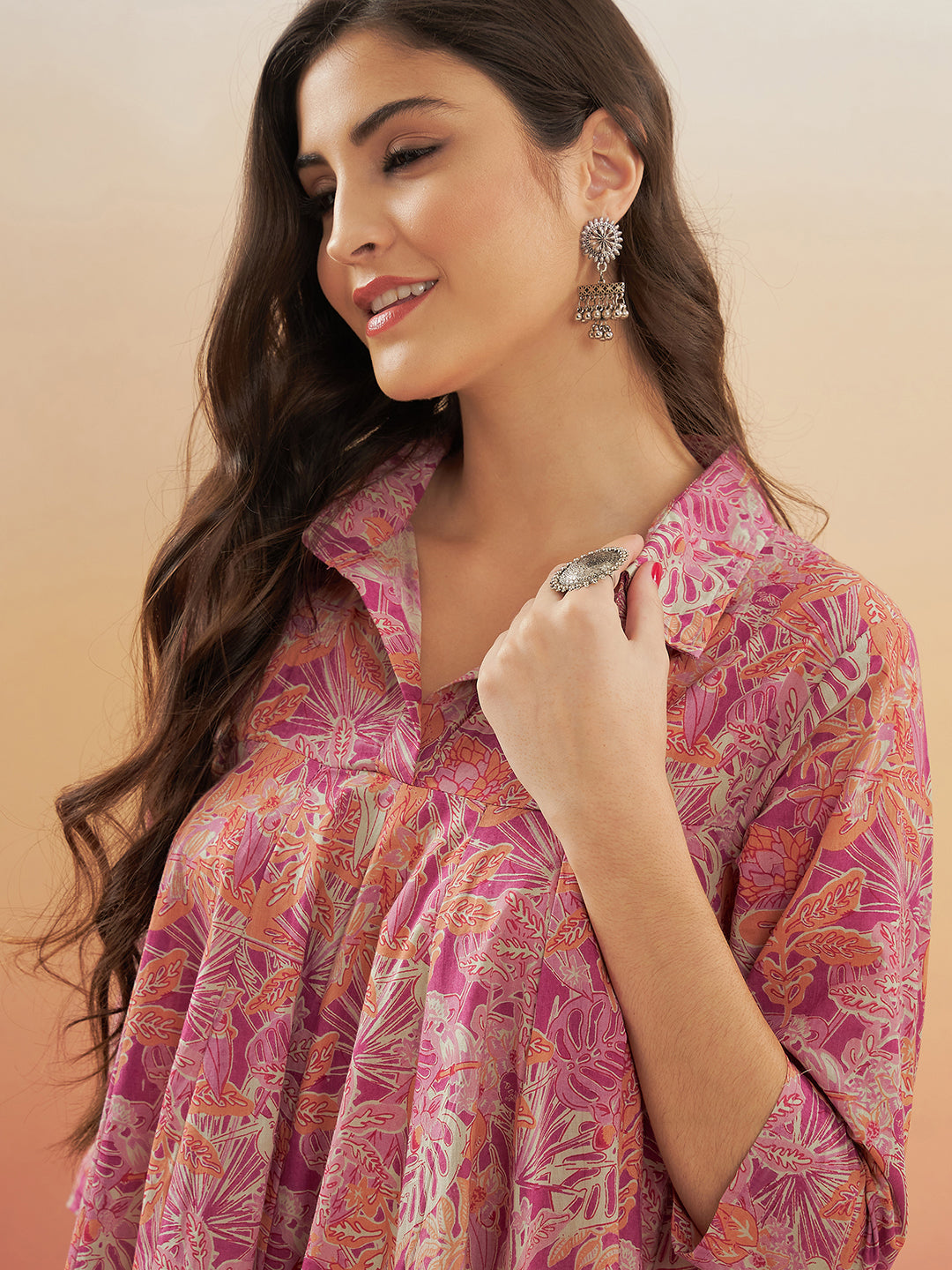 InWeave Women's Pink Coral Floral Print Flared Dress 