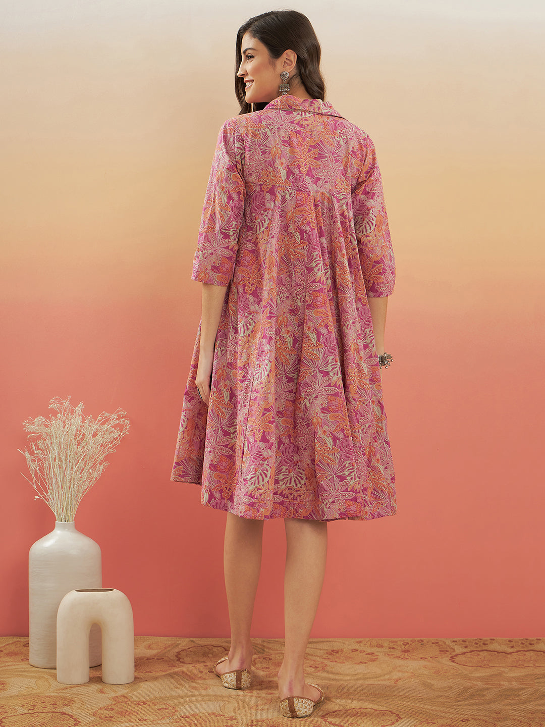InWeave Women's Pink Coral Floral Print Flared Dress 