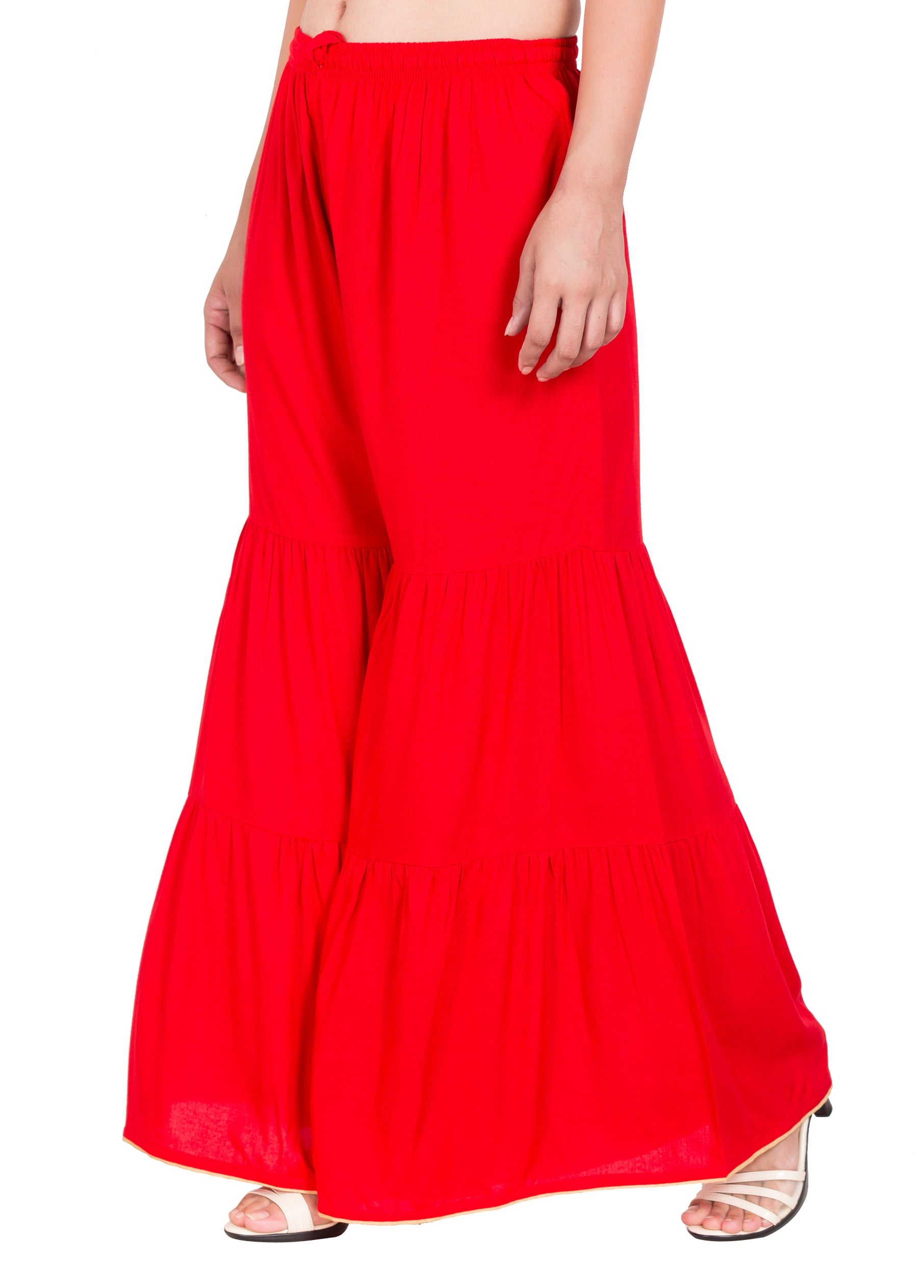PAVONINE Red Color Solid 3-Panels Flared Sharara