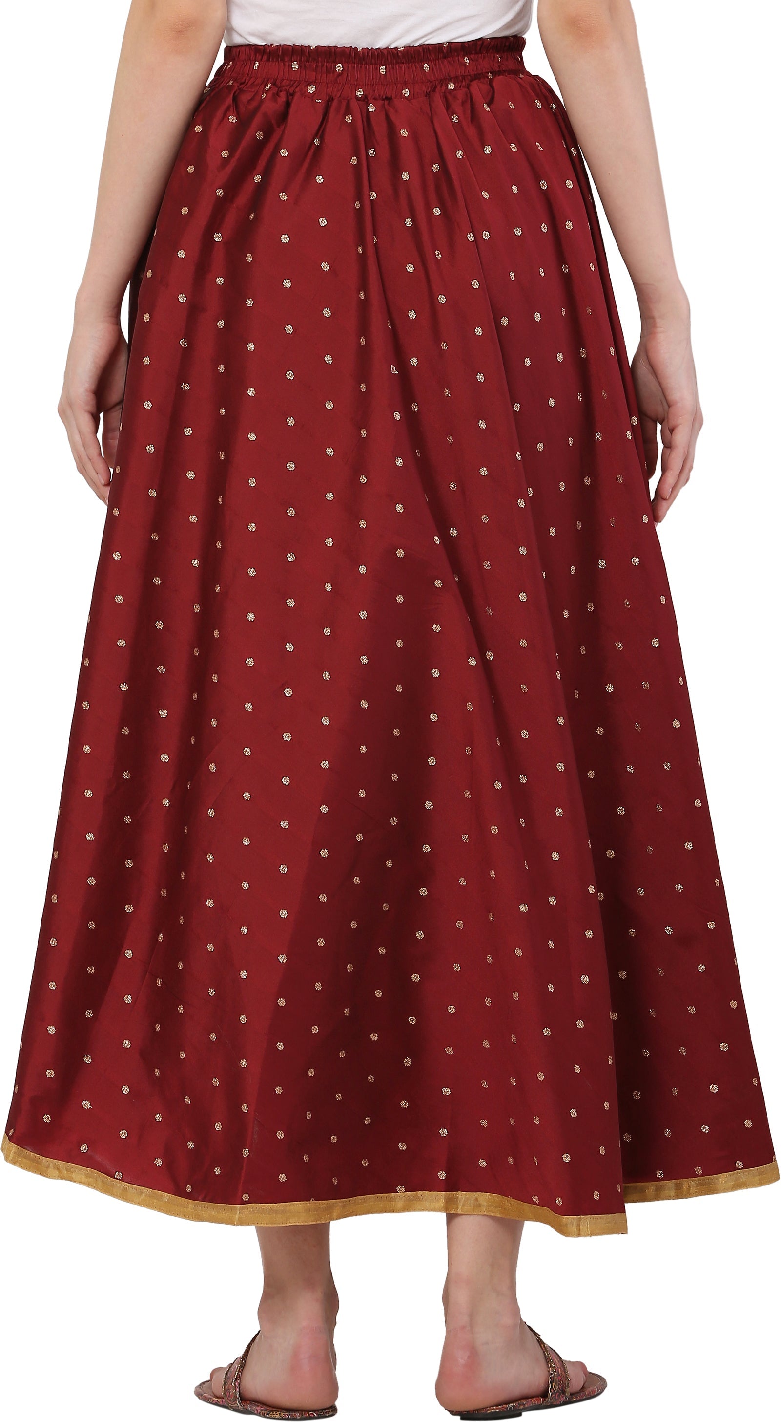 PAVONINE Maroon Color Golden Zari Work Satan Fabric Maxi Skirt For Women
