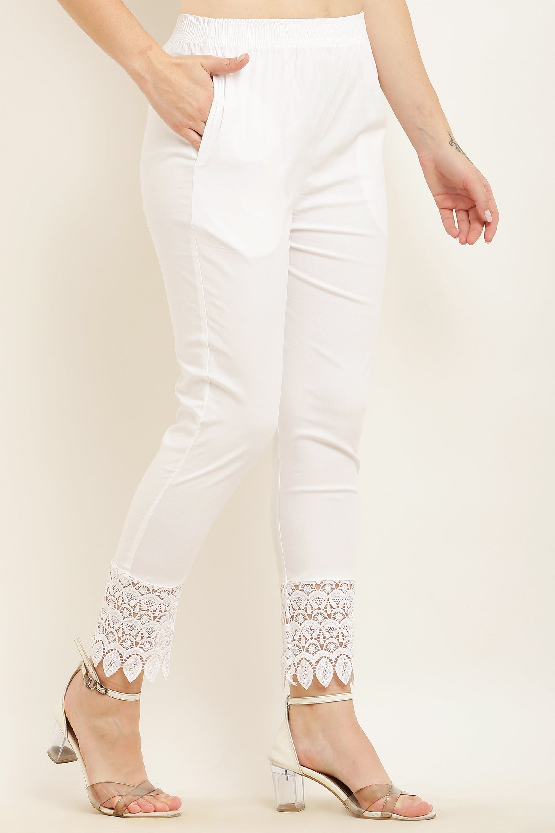 PAVONINE White Color Leaf Kirosia Lace Hem Cotton Fabric Palazzo For Women