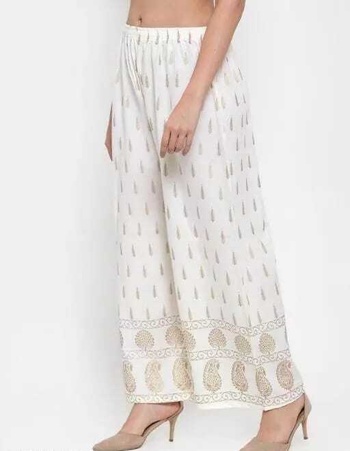 PAVONINE Off-White Color Rayon Fabric Bhutta Print Palazzo For Women