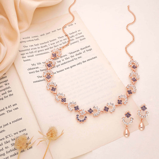 Tehzeeb Creations Gold-Polished Lavender Diamond Necklace With Earrings