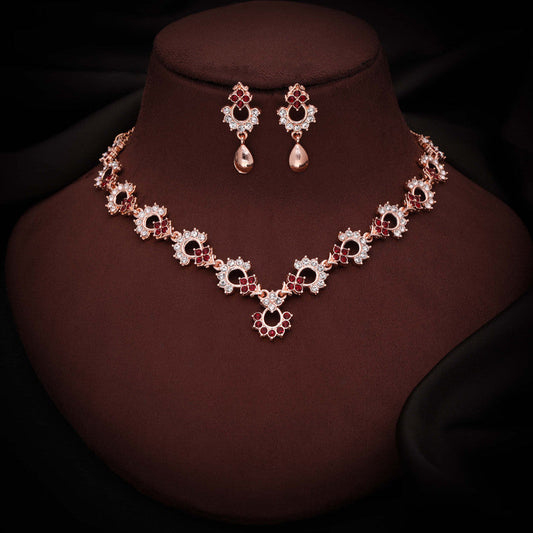 Tehzeeb Creations Gold-Polished Maroon Diamond Necklace With Earrings