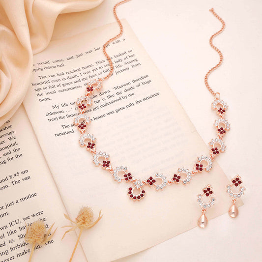 Tehzeeb Creations Gold-Polished Maroon Diamond Necklace With Earrings