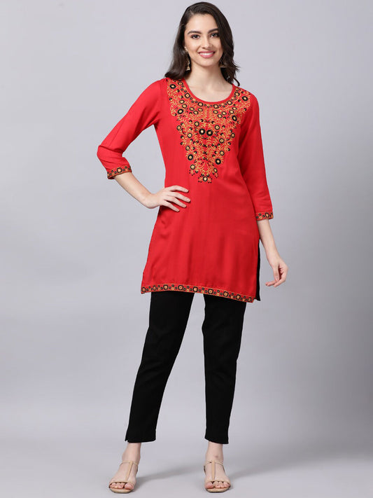 Souchii Women Red Yoke Design Thread Work Grandeur & Majestic Artwork Kurta 