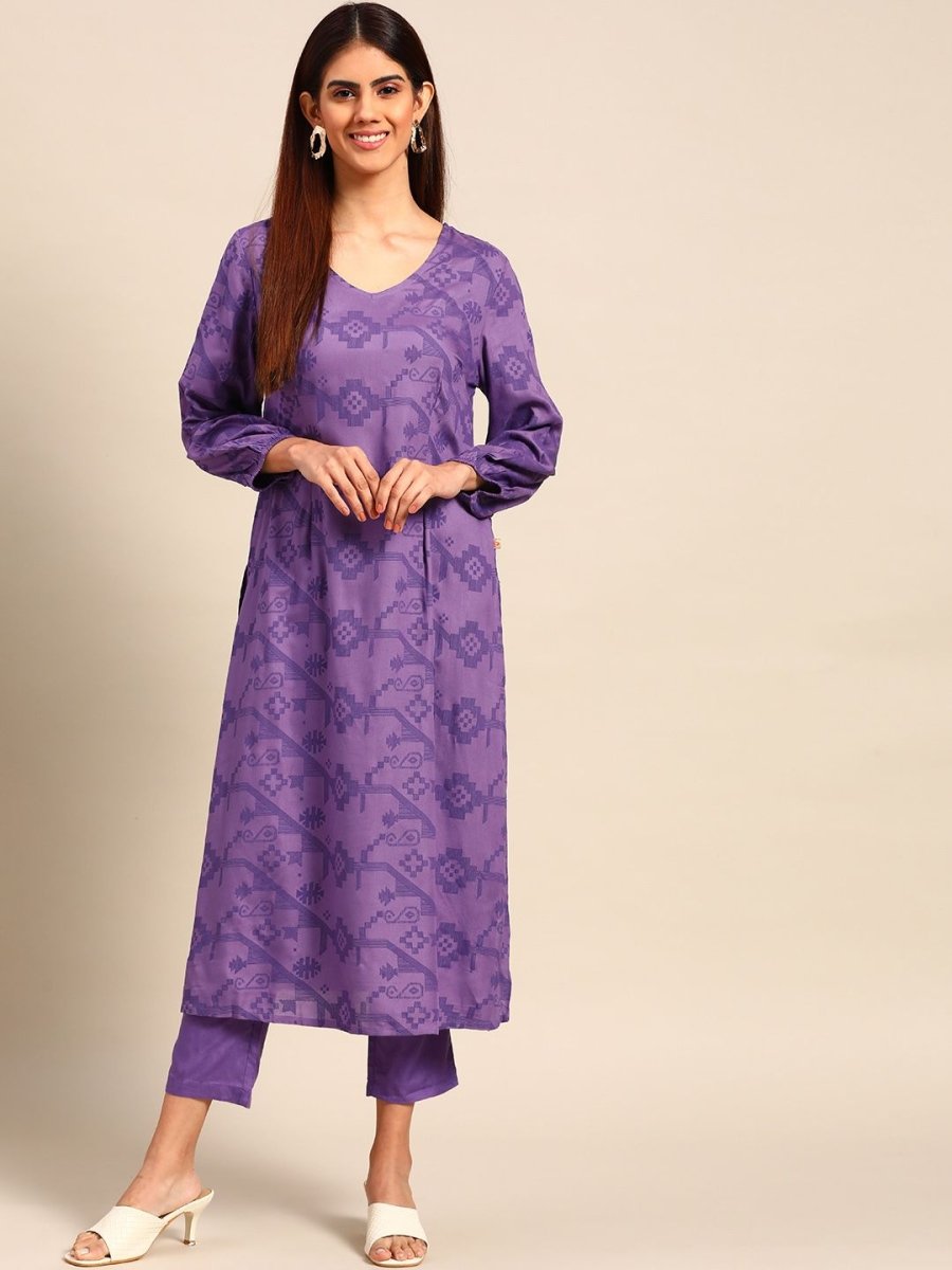 Anouk Women Purple Ethnic Motifs Printed Regular A-line Kurta with Trousers | Grab2Buy