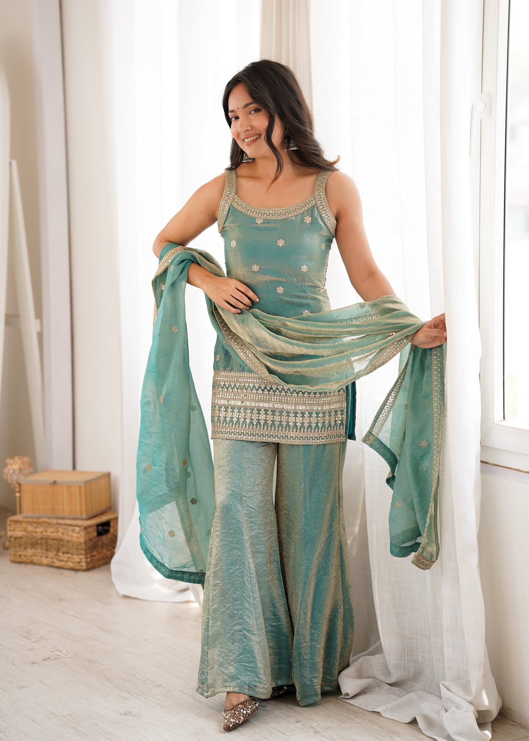 Lorenvalley Fashion Seagreen Fendy Silk Fabric With Embroidery Sequence Dori And Jari Work Bell Bottom Pant With Dupatta