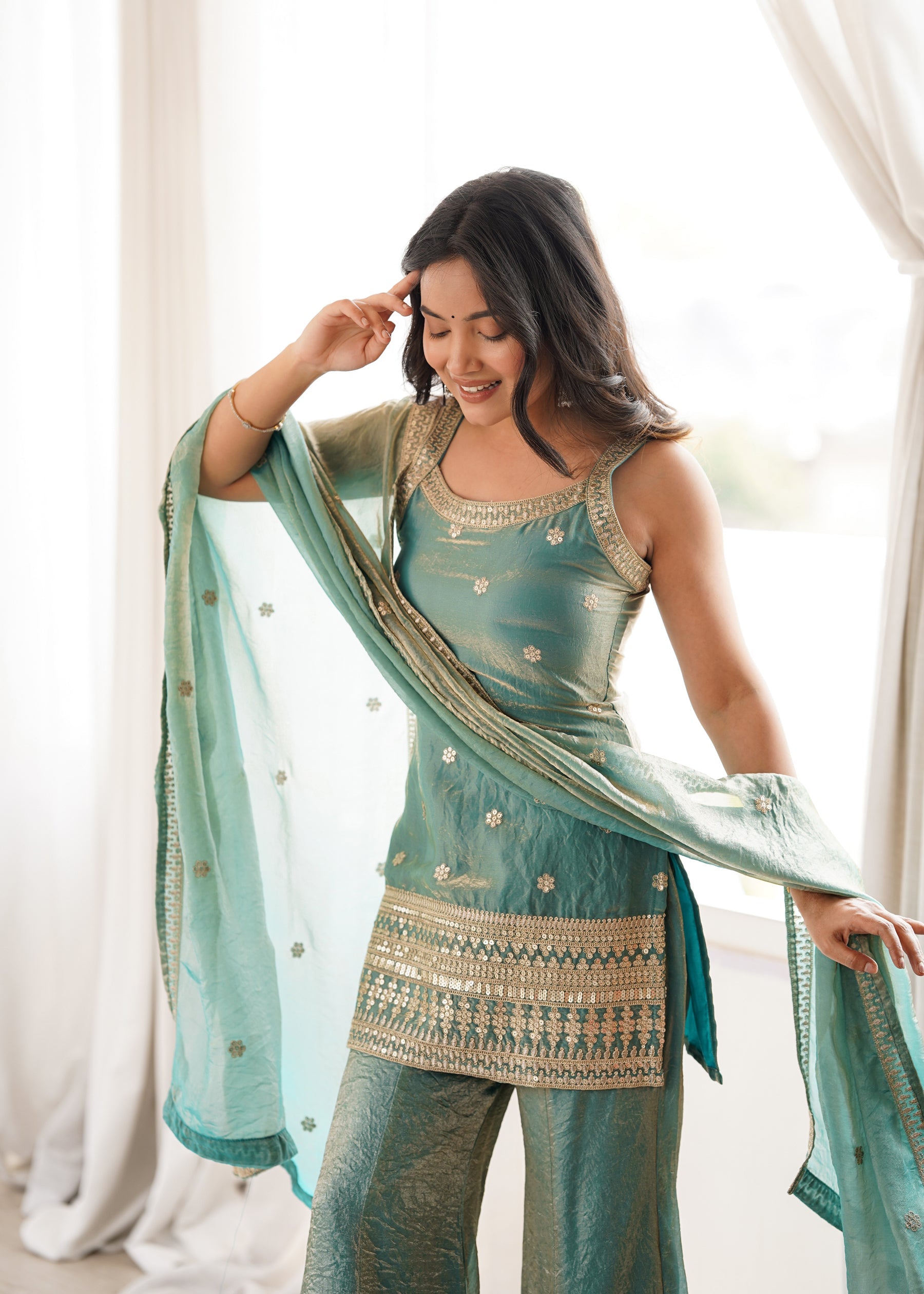 Lorenvalley Fashion Seagreen Fendy Silk Fabric With Embroidery Sequence Dori And Jari Work Bell Bottom Pant With Dupatta