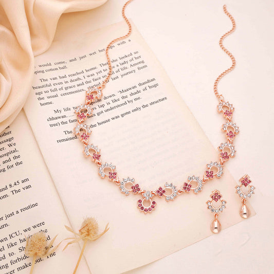 Tehzeeb Creations Gold-Polished Pink Diamond Necklace With Earrings