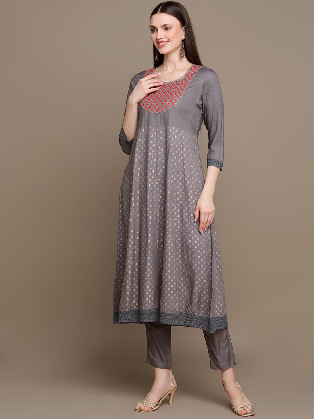 HERE&NOW Ethnic Motifs Embroidered Anarkali Kurta with Trousers & Dupatta