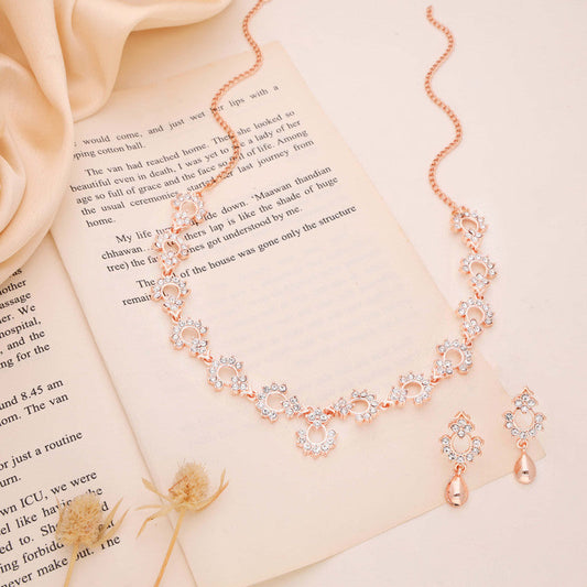 Tehzeeb Creations Gold-Polished White Diamond Necklace With Earrings