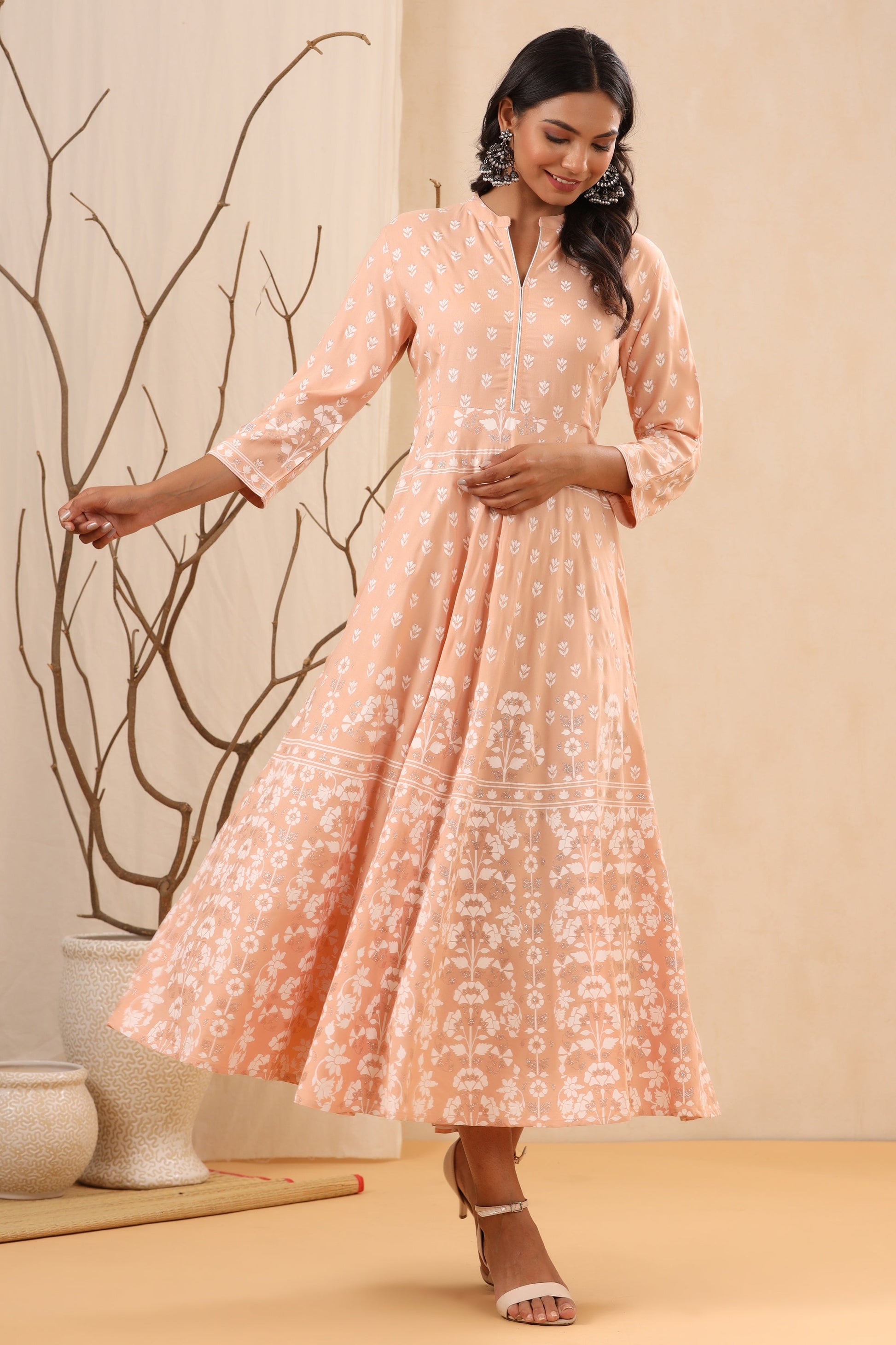 Juniper Women's Peach Ethnic Motif Printed Rayon Maxi Dress