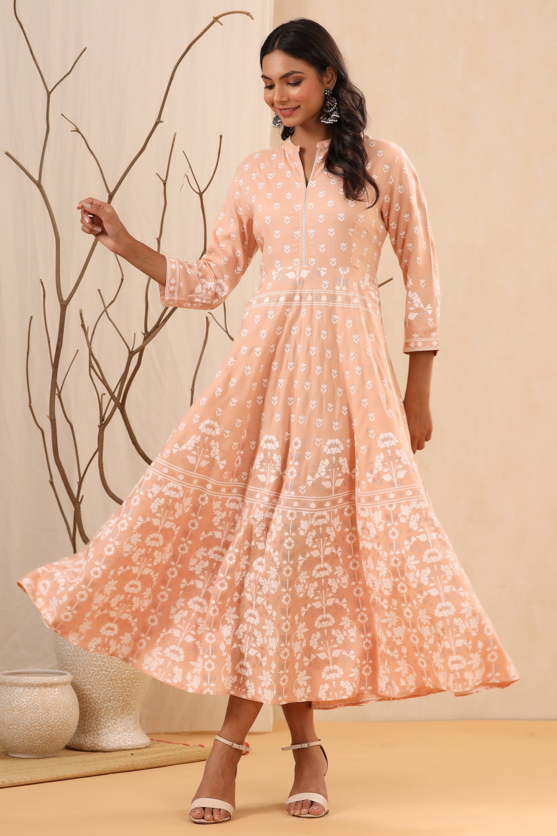 Juniper Women's Peach Ethnic Motif Printed Rayon Maxi Dress