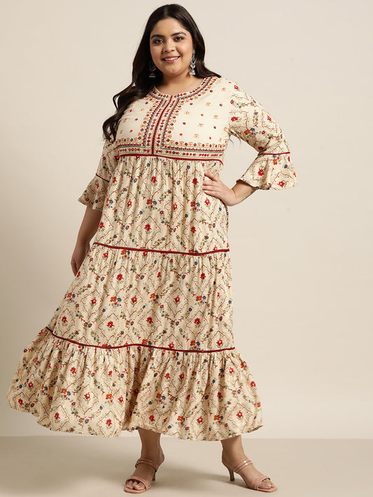 Juniper Women`s Beige Rayon Festive Wear Embroidered & Printed Tiered Dress