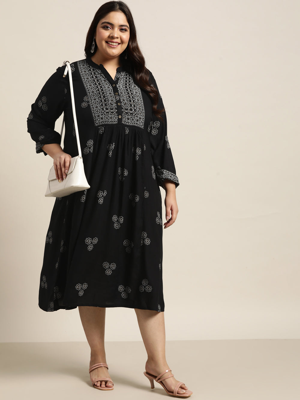 Juniper Women`s Black Rayon Casual Wear Printed Flared Dress